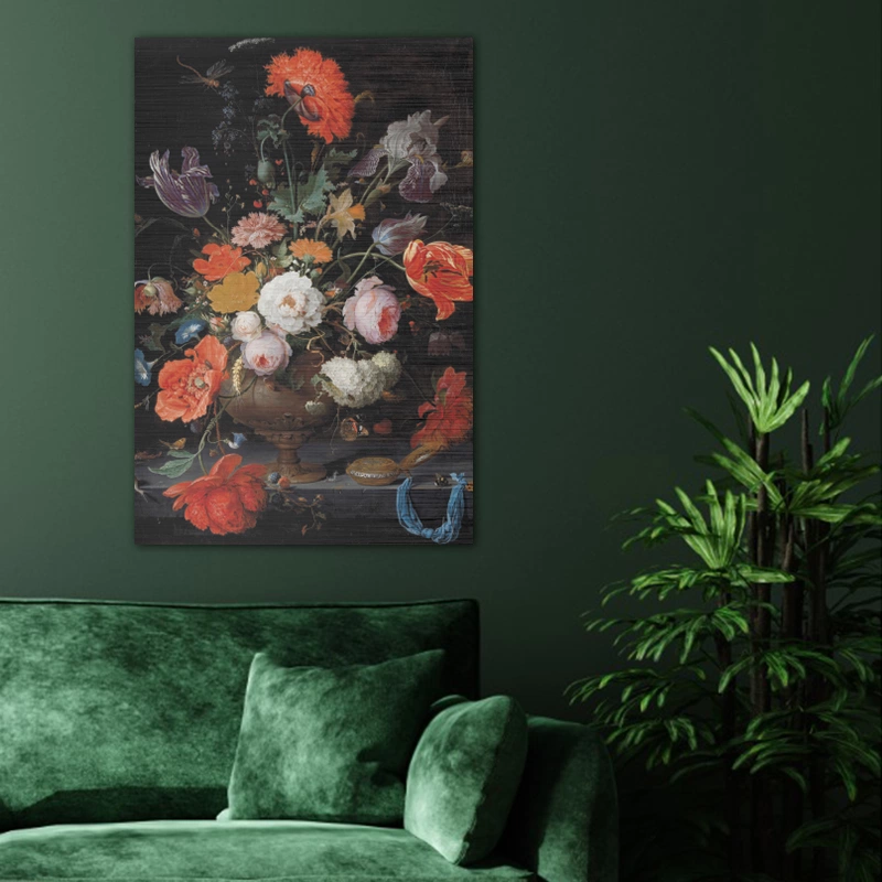 ToF Wanddecoratie schilderij Stilleven met bloemen en een horloge, Abraham Mignon