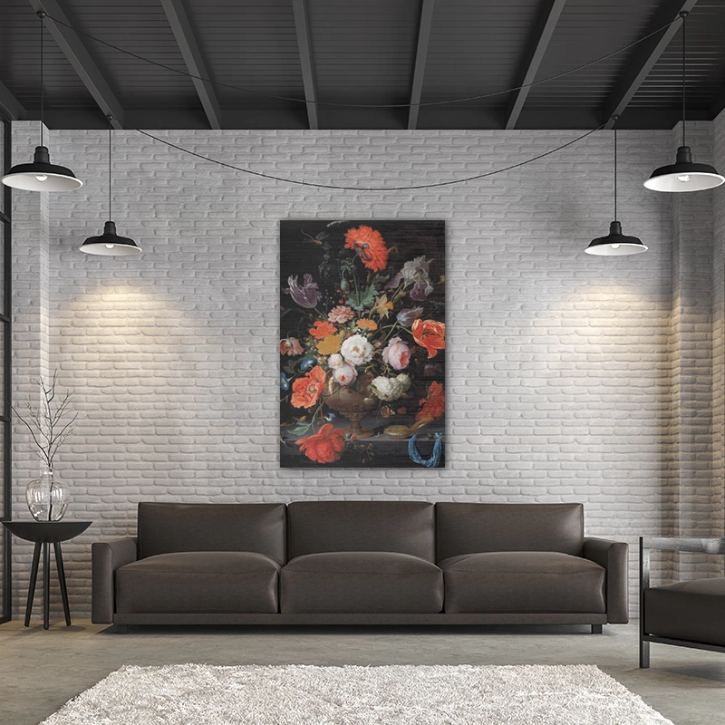 ToF Wanddecoratie schilderij Stilleven met bloemen en een horloge, Abraham Mignon - Afbeelding 2