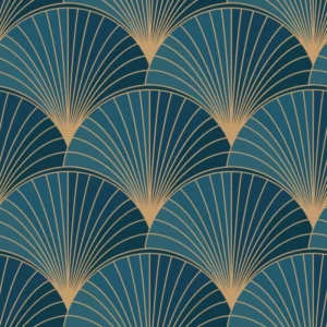 ToF Behang kunst blauwe schelpen met een goudtint
