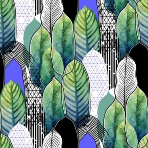 ToF Behang bladeren groen- en blauwtinten getekend
