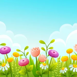 ToF Behang blauwe lucht gras en roze bloemen