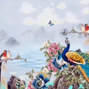 ToF Behang bloemen vogels illustratie met pauwen en andere vogels