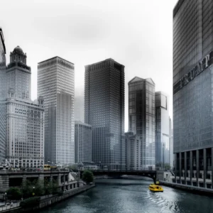 ToF Behang zwart-wit Chicago rivier met rechts de Trump-toren (Trump International Hotel and Tower)