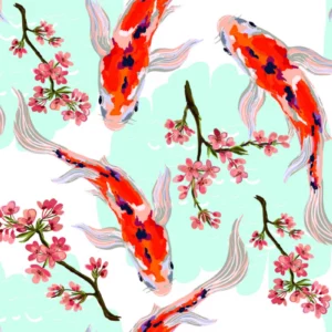 ToF Fotobehang vis getekende vissen met bloemen rood