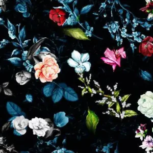 ToF Behang bloemen vintage wild met donkerblauw en zwart