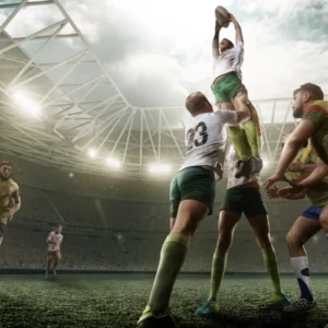 ToF Behang sport rugbyspelers vechten voor de bal in groot rugbystadion