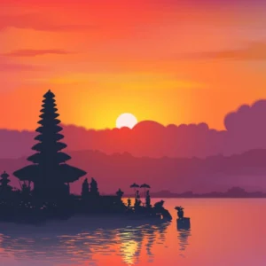 ToF Behang Boeddha silhouet Balinese watertempels en vissersboten