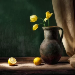 ToF Behang schilderij stilleven met boeket van drie gele tulpenbloemen in oude vintage