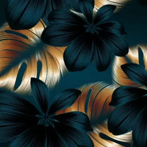 ToF Fotobehang bloemen met glanzende gouden en blauwe monsterabladeren