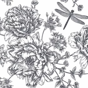 ToF Fotobehang bloemen patroon zwart wit met vlinders en libelle