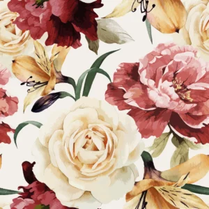 ToF Behang bloemen lichtroze en blauw op witte achtergrond