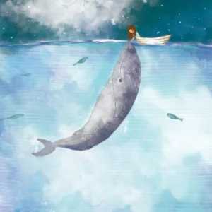 ToF Behang dieren walvis geaaid door meisje in boot