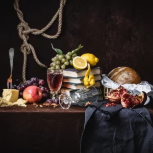 ToF Behang schilderij stilleven in Hollandse stijl met fruit,kaas en boeken