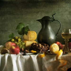 ToF Behang schilderij stilleven met fruit, kaas, noten en wijn