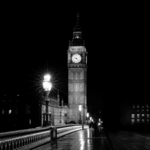 ToF Fotobehang zwart-wit Big Ben, 's nachts, Londen